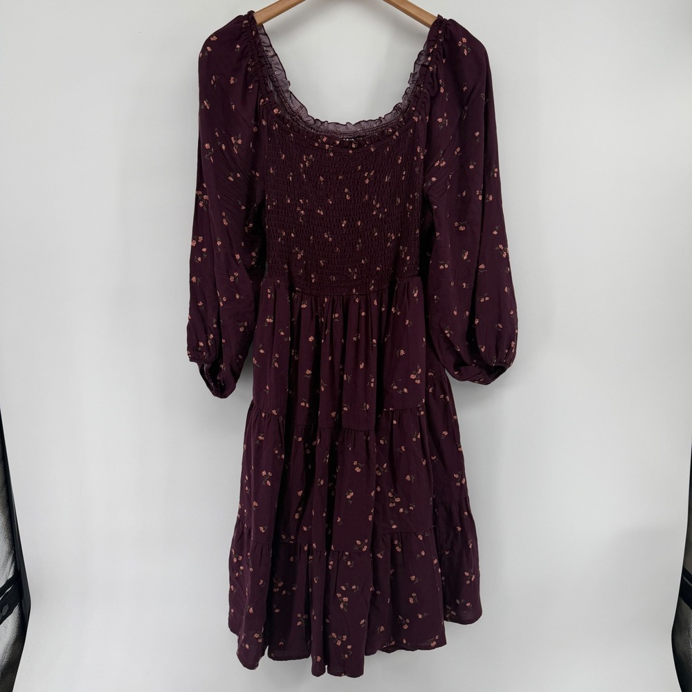 Torrid Women 1 Plum Purple Floral Smocked Tiered Mini Dress Long Sleeve